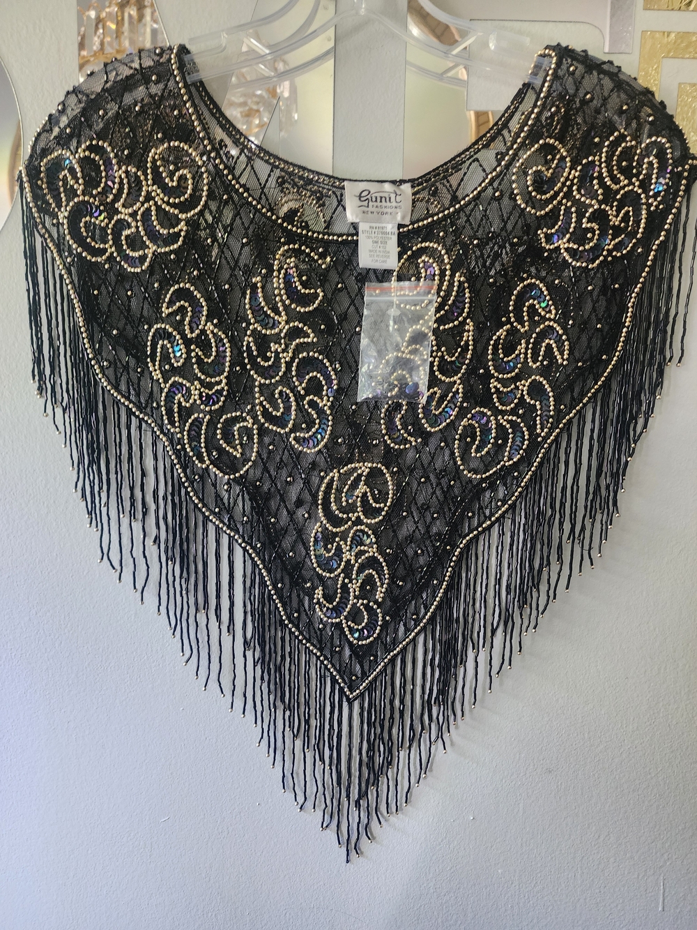 Gunit Embellished Black Mesh Capelet with Gold Beading